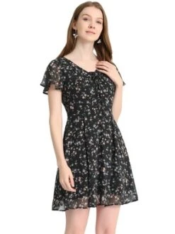 Allegra K Women's Floral Printed Spring Summer Flare Short Sleeve Lace-up V Neck Chiffon Dress -Mizuno Shop GUEST e76d2d31 b353 4748 85fa 5d9c3ea7180c