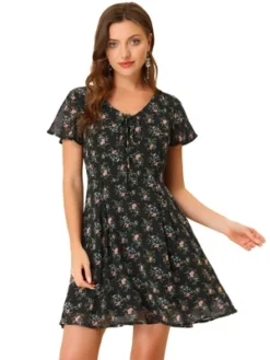 Allegra K Women's Floral Printed Spring Summer Flare Short Sleeve Lace-up V Neck Chiffon Dress -Mizuno Shop GUEST e7a2c430 0fb6 4a2a b6fd 15b31fc255db