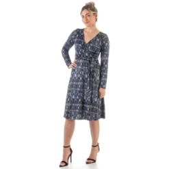 24seven Comfort Apparel Grey Long Sleeve Knee Length Faux Wrap Dress