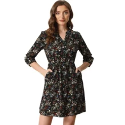 Allegra K Women's Button Front Floral Print V Neck 3/4 Sleeves Above Knee Dresses -Mizuno Shop GUEST ef576809 f375 46b3 b3ea 60142a931264