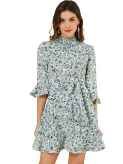 Allegra K Women's Floral 3/4 Bell Sleeve Smocked Belted Flare Ruffle Dress -Mizuno Shop GUEST efbcd9c9 17a4 4713 a0ba c54453962ea8