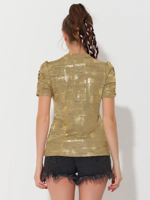 Allegra K Women's Glitter Puff Sleeve Round Neck Stretch Casual Shiny T-Shirt 5 Allegra K Women's Glitter Puff Sleeve Round Neck Stretch Casual Shiny T-Shirt - Image 3