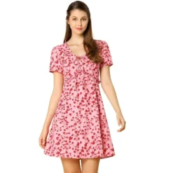 Allegra K Women's Floral Ruffle Trim Tie V Neck Shorts Sleeves Mini Dress -Mizuno Shop GUEST f21feb6b 9c37 442d 990b 9ac9e8dda0fd