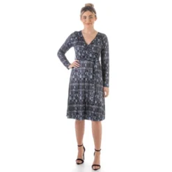 24seven Comfort Apparel Grey Long Sleeve Knee Length Faux Wrap Dress -Mizuno Shop GUEST f3bd1f8a 5b38 4422 94f9 74324a0a96a8