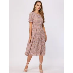 Allegra K Women's Floral Round Neck Ruffle Sleeve Button Down Midi Shirt Dress