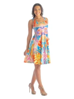 Womens Multicolored Pattern Knee Length Sleeveless Tank Top Dress