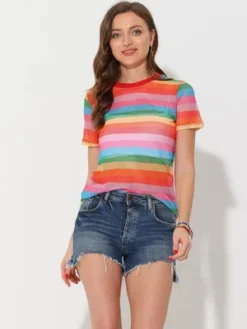 Allegra K Women's Rainbow Blouse Short Sleeve Mesh Sheer Stripe T-Shirt -Mizuno Shop GUEST fbc48123 e84e 4965 896c 6efedcd36f34