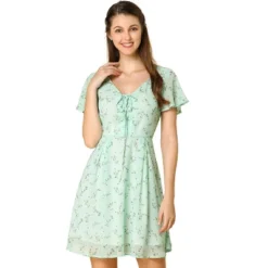 Allegra K Women's Floral Printed Spring Summer Flare Short Sleeve Lace-up V Neck Chiffon Dress -Mizuno Shop GUEST ff7bf46e 9da3 4727 ad7e b97acae90cd4