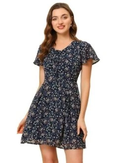 Allegra K Women's Floral Printed Spring Summer Flare Short Sleeve Lace-up V Neck Chiffon Dress -Mizuno Shop GUEST ff93e2c2 19fd 4740 8ea7 03e39002b176
